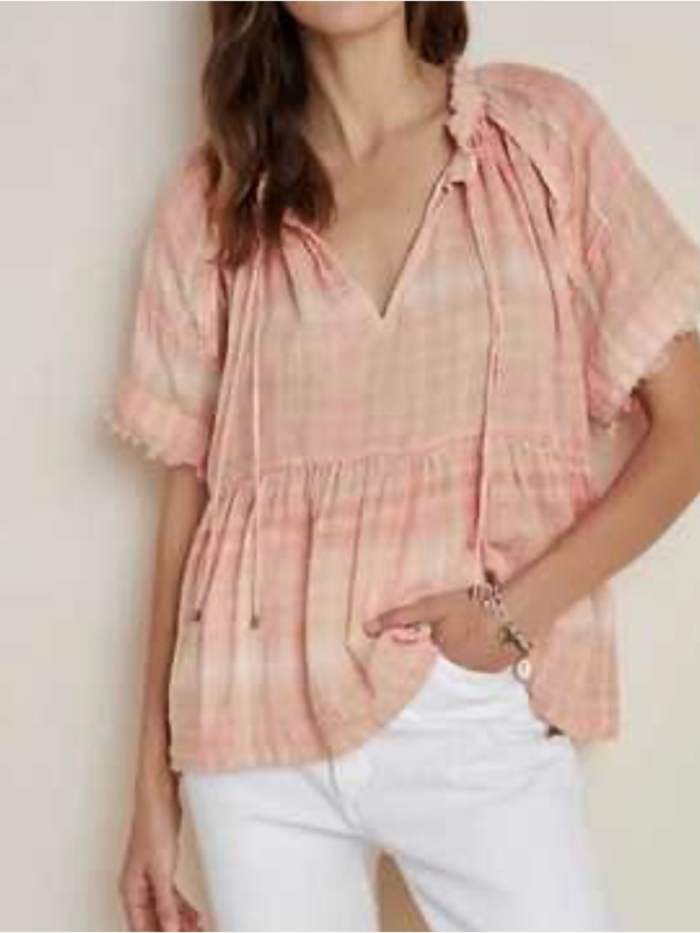 Pilcro Anthropologie Bette Gauze Cotton Faded Gingham Pink Boho Babydoll Blouse